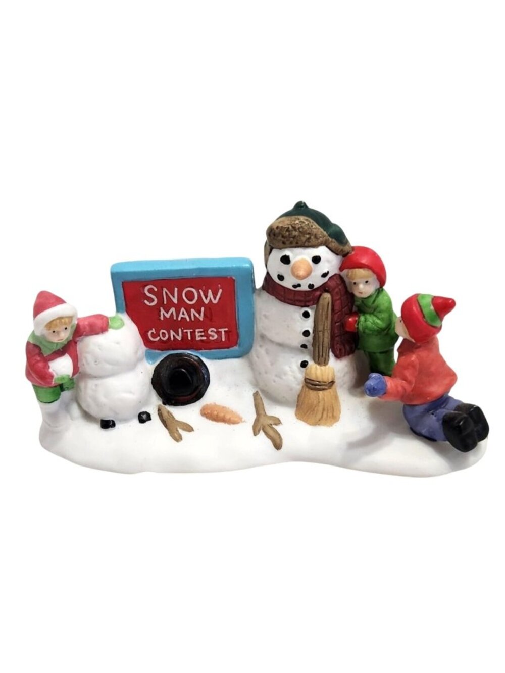 Snowman Contest Figurine Kids Building Snowmen Winter Village Scene Christmas